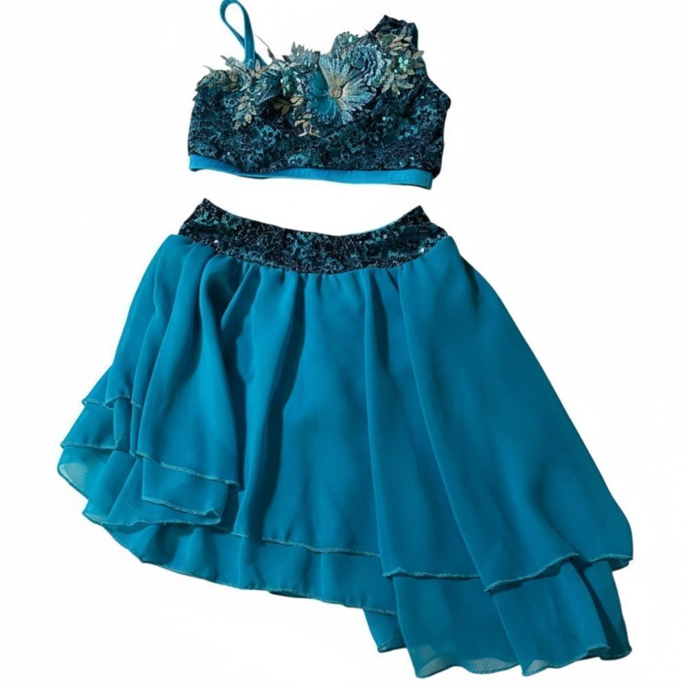 Glamour solo dance costume 2 piece teal blue embellished XLC-Extra large child